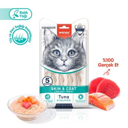 Wanpy Skin & Coat Ton Balığı & Somon Krema Kedi Ödülü 14Gr*5 Adet